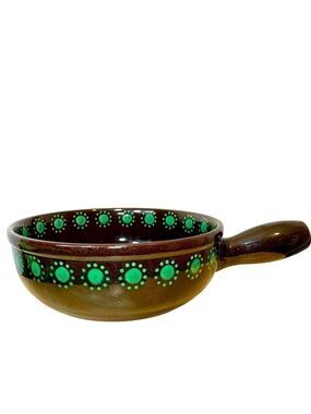 Vintage Landert 22 Suisse Fondue Pot Brown Green Floral Pottery Caquelon Pan